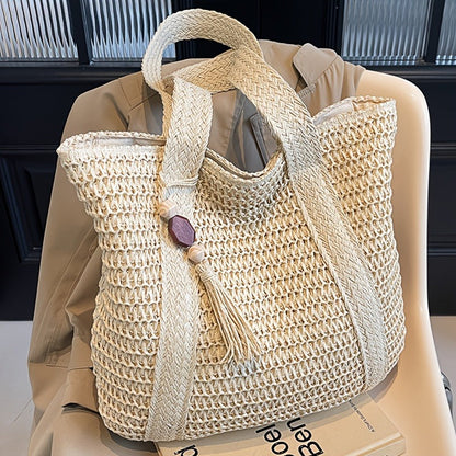 Straw Woven Tote Bag for Women Large Capacity Beach Bag Handwoven Shoulder Bag with Tassel Summer Vacation Travel Shopping Bag
