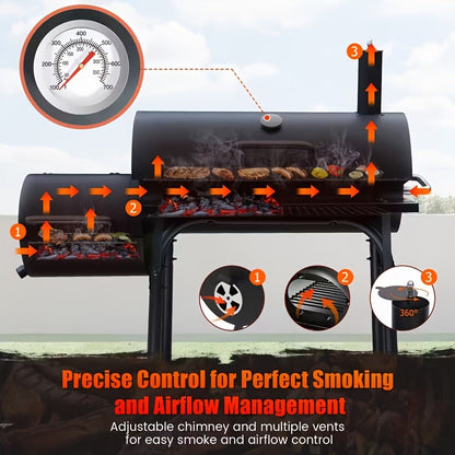 Charcoal Grill with Offset Smoker, Barrel BBQ Smoker Grill Combo for Backyard & Patio, Heavy-Duty Outdoor Charcoal Smoker with Side Firebox for Smoking, Grilling & BBQ Parties