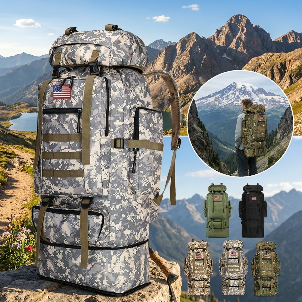100L-Labeled Tall Tactical Rucksack with Roll-Top Compartment, Lower Pouch and Five Color Options