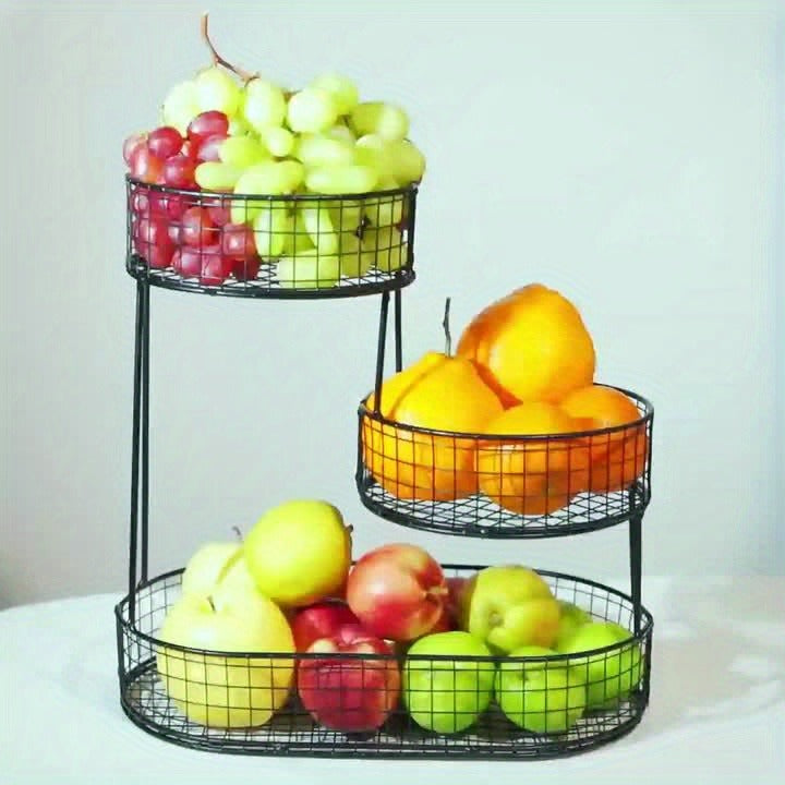 Three-Tier Black Wire Fruit Basket with Staggered Round Bowls and Rectangular Countertop Base