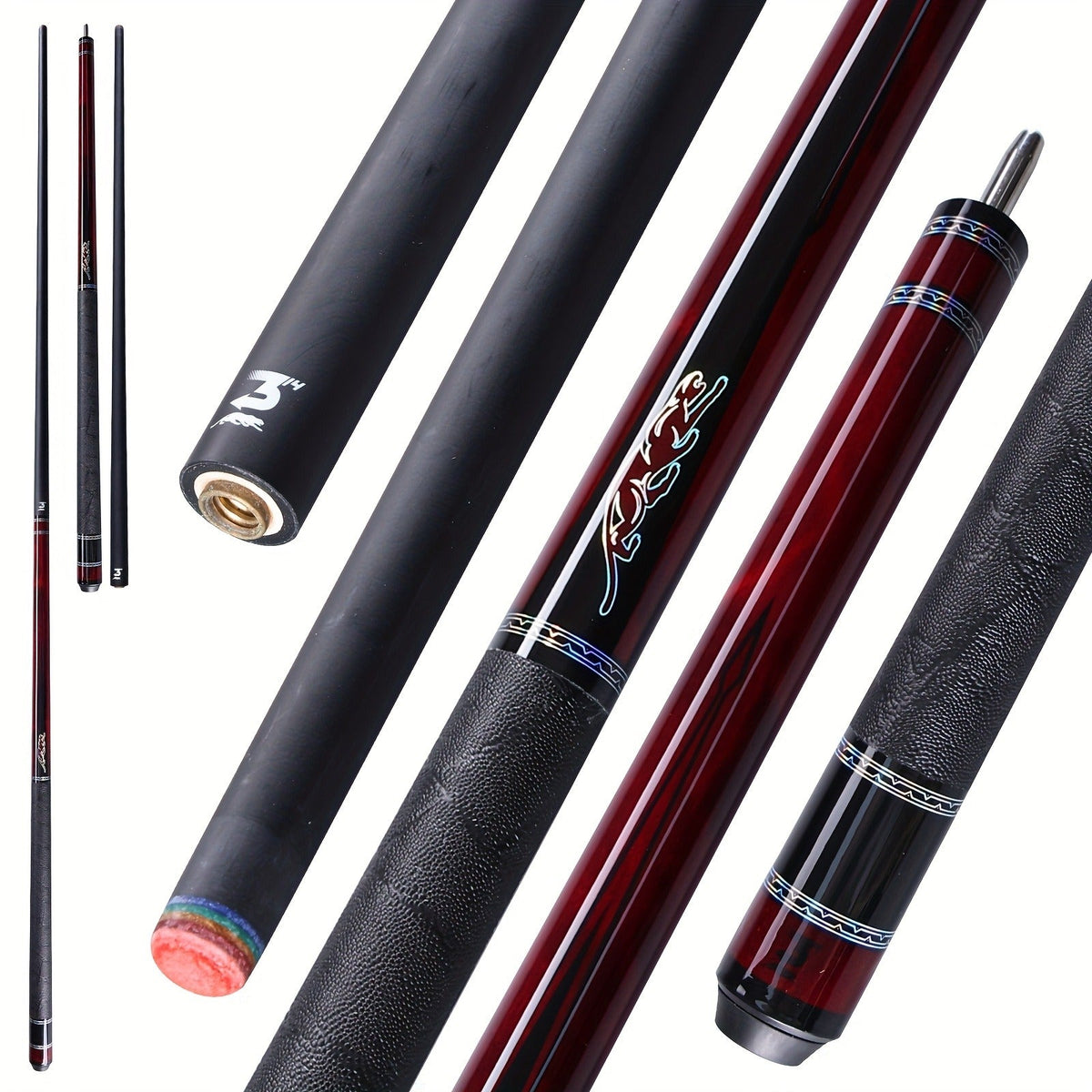 58-Inch Carbon Fiber Pool Cue with 12.5mm Tip, 3/8x8 Joint, Black Wrap and Four SP Graphic Designs