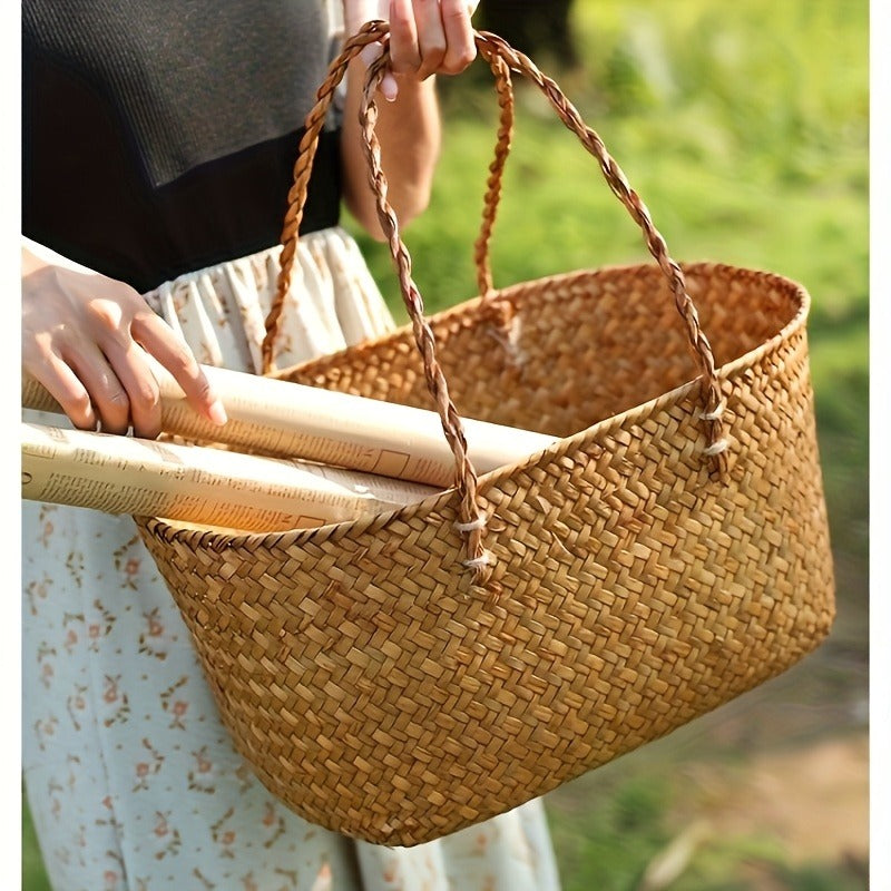 Straw Picnic Basket with Long Handles – Large Hand-Woven Vintage Shopping Basket for Beach, Outdoor Picnics & Rustic Home Decor Storage