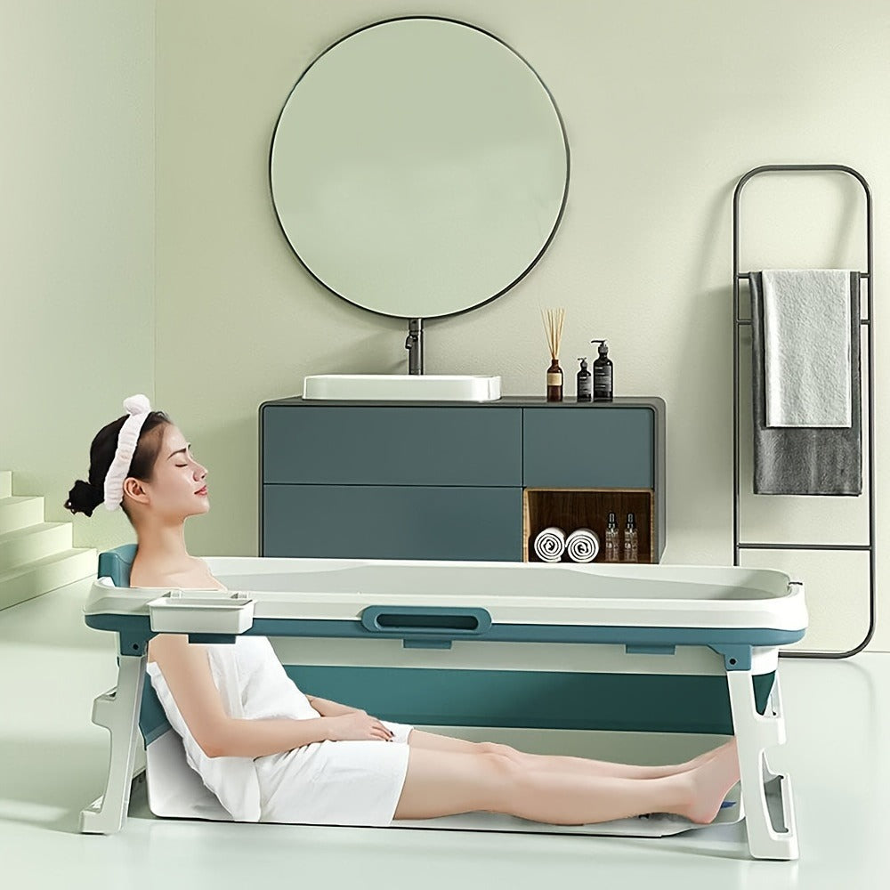 Rectangular Collapsible Adult Soaking Tub in Blue with Rigid Folding Frame, Thermal Cover and Drain Hose
