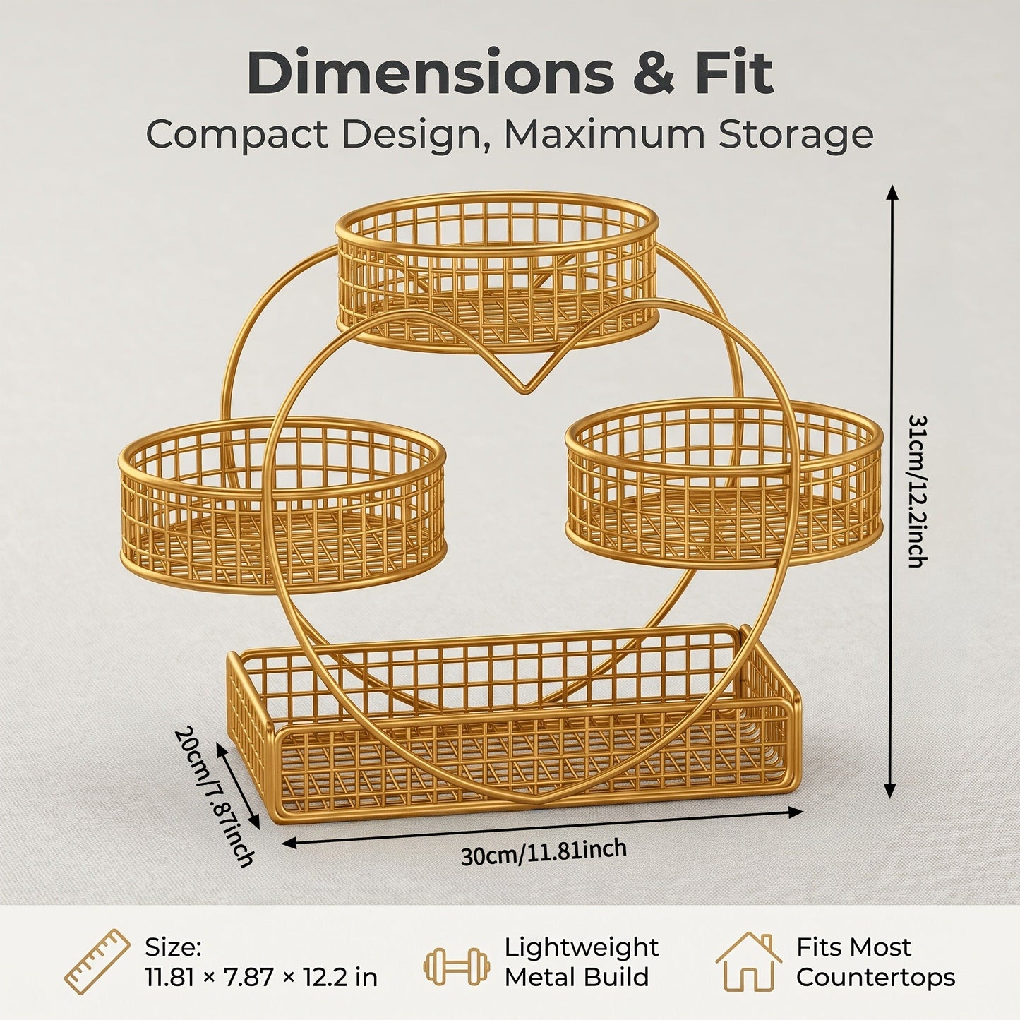 Wire Fruit Stand 3-Tier Golden Metal Basket | Large Capacity Kitchen Counter Organizer for Fruits Vegetables Bread Snacks Produce