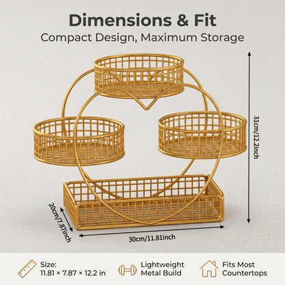 Wire Fruit Stand 3-Tier Golden Metal Basket | Large Capacity Kitchen Counter Organizer for Fruits Vegetables Bread Snacks Produce