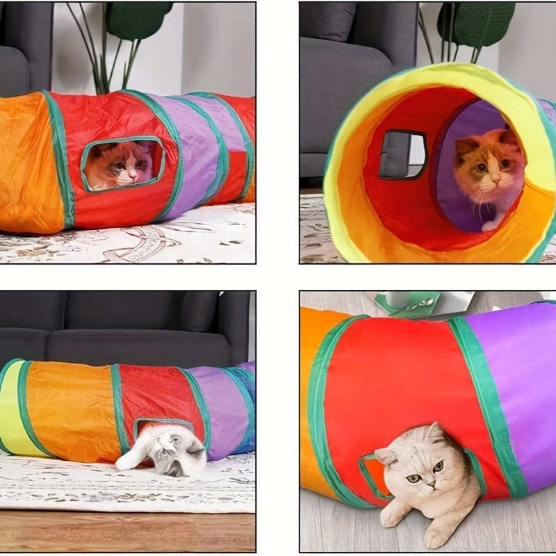 Cat Toy Rainbow Tunnel in S-Shaped or Three-Way Layouts with Peek Holes, Ball and One or Two-Pack Options