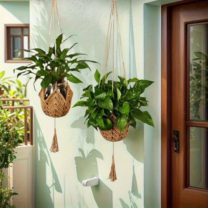 Macrame Plant Hanger with Tassels, Bohemian Cotton Rope Crochet Wall Basket, Indoor Outdoor Hanging Planter with Hooks, Boho Home Decor