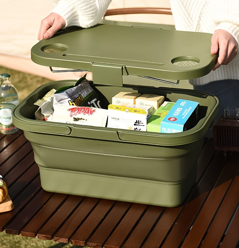 Picnic Basket Foldable with Detachable Table – Large Capacity Portable Camping Storage Basket with Handle, Multifunctional Outdoor Organizer Box for Hiking, Beach & Backyard, Green & Khaki
