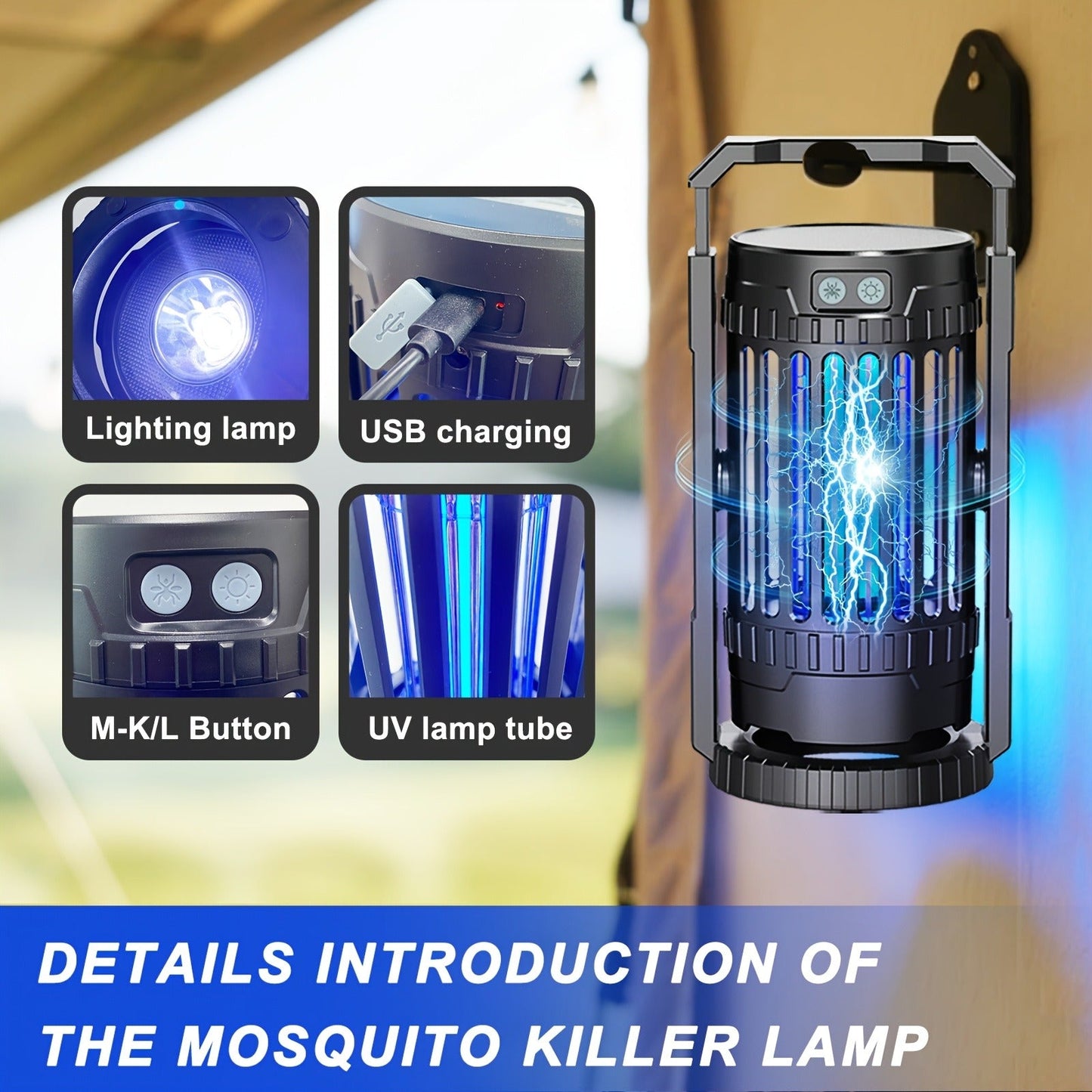 Rechargeable Lantern Bug Zapper with Blue Grid Light, Swivel Base, USB-C Cable and Cleaning Brush