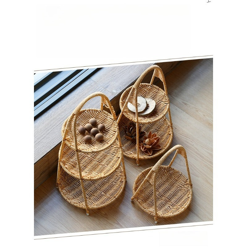 Tiered Serving Tray Rattan Style Round Multi-Layer Fruit Snack Display Stand for Parties Weddings Buffets Nuts Desserts Space-Saving Elegant