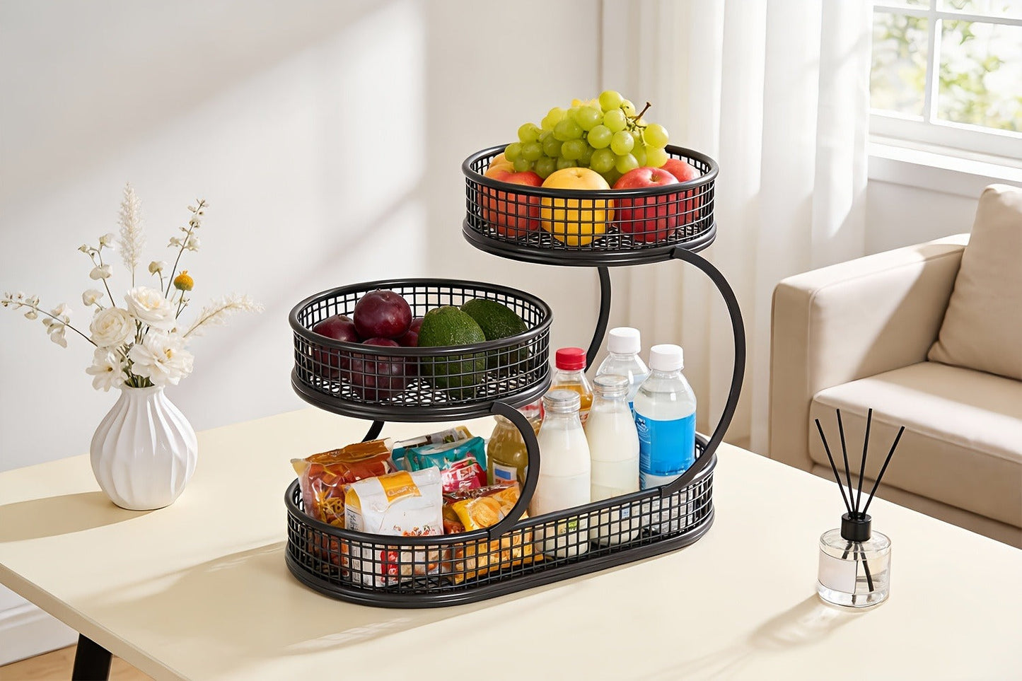 Countertop Fruit Bowl 3-Tier Round Metal Wire Stand | Kitchen Storage Organizer for Fruits Vegetables Bread Snacks | Space-Saving Produce Rack