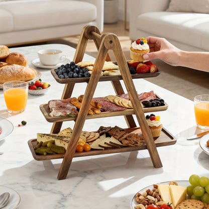 Cake Stand 3 Tier Wooden Serving Tray Farmhouse Dessert Display Cupcake Tower Bread Basket Collapsible Tiered Platter for Wedding Party Charcuterie