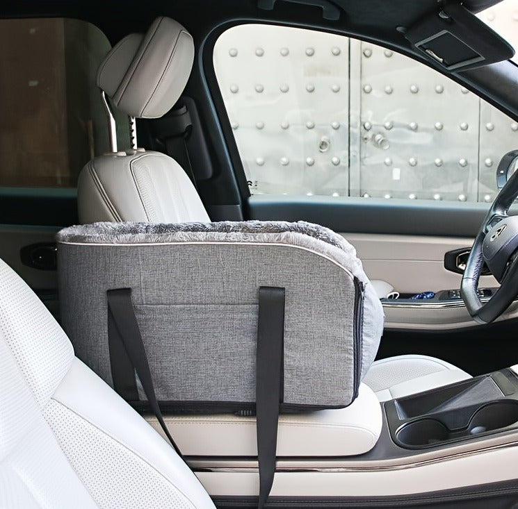Open-Top Pet Carrier Car Seat Tote with Padded Rim, Attachment Straps, Interior Clip and Grey Fabric Exterior