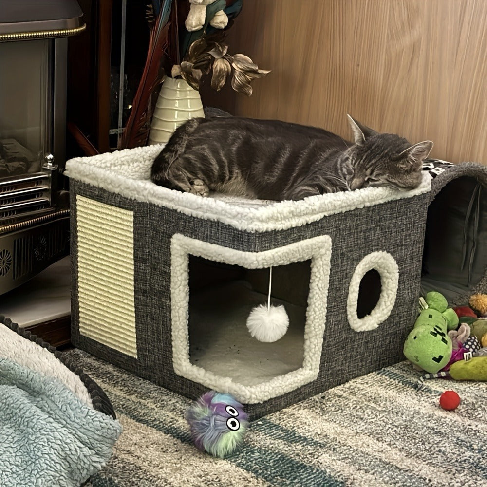 Foldable Gray Cat Condo with Top Platform, Scratch Panel, Openings and Four Cube-Style Options