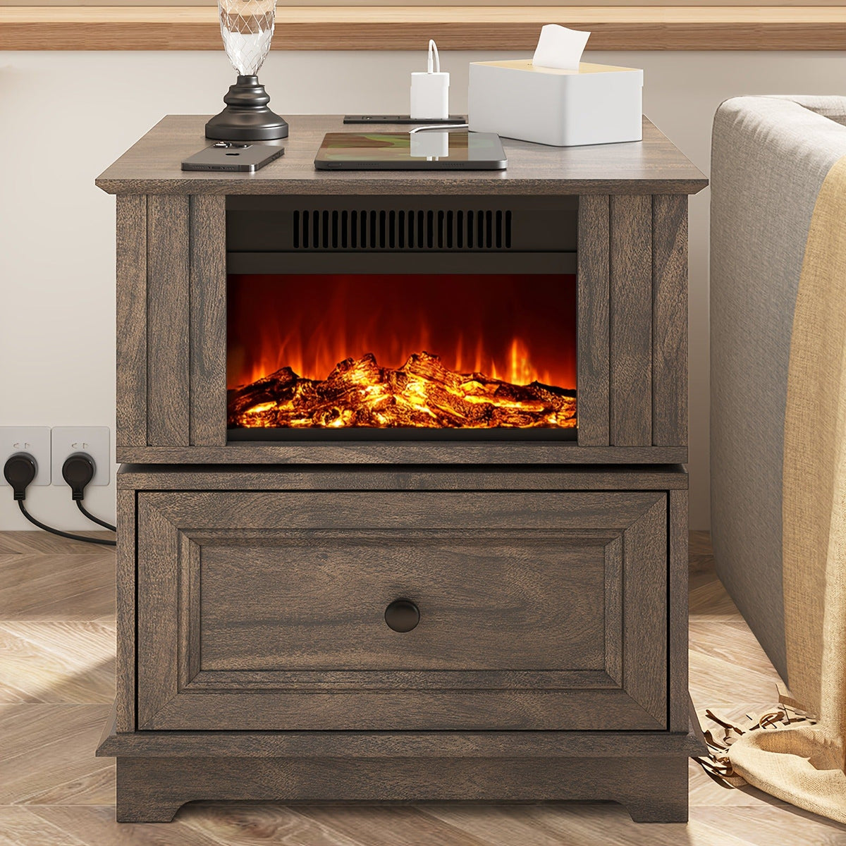 Electric Fireplace End Table Rotating 13-Inch Screen Side Table with Fast Charging Station Storage Shelf for Living Room Bedroom