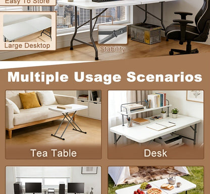 Folding Table 4ft and 6ft White Plastic Top with Black Metal Legs, Carry Handle and Adjustable Height