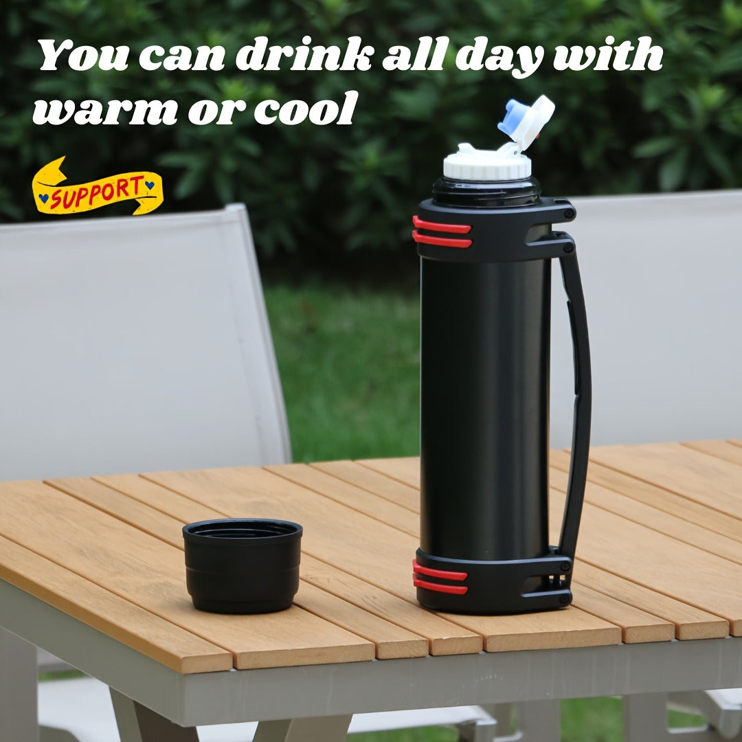 2000ml Stainless Steel Water Bottle Flask with Cup-Style Cap, Rigid Side Handle and Shoulder Strap