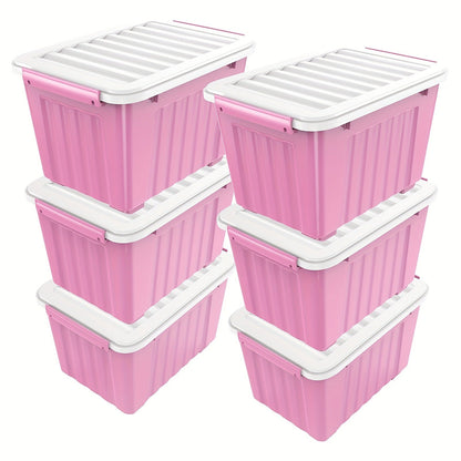 Storage Containers with Lids and Wheels | Stackable 72QT & 97QT Plastic Bins | 4 or 6 Pack | Locking Lid | Clear, Pink/White, Gray/Yellow | Home Garage