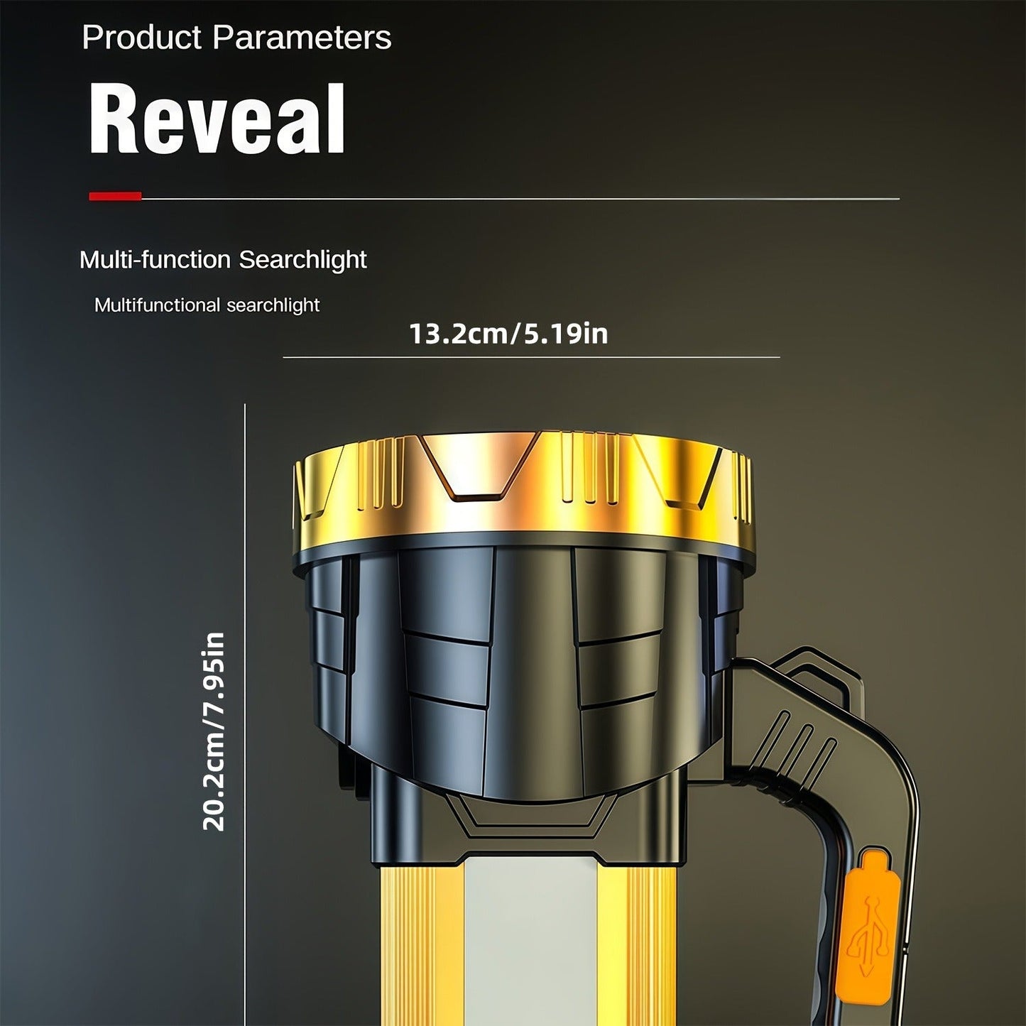 Flashlight 2000-Lumen Rechargeable Searchlight with 2400mAh Battery, Side Lantern and USB Output