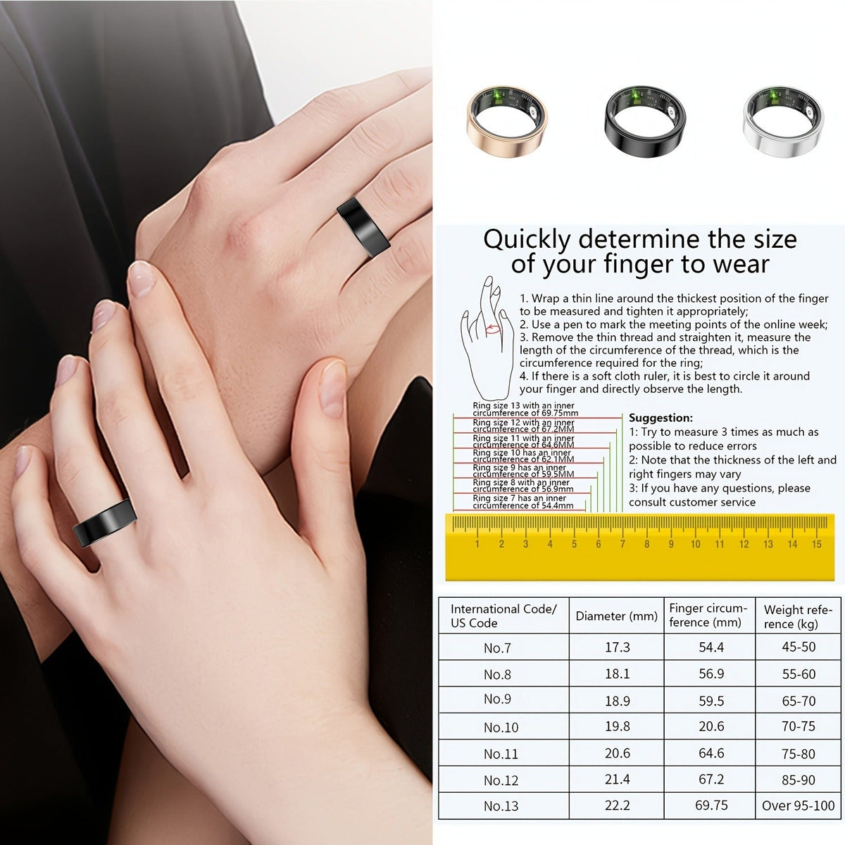 Smart Ring Activity Accessory in Black, Rose Gold or Silver with Seven Diameter-Based Size Options