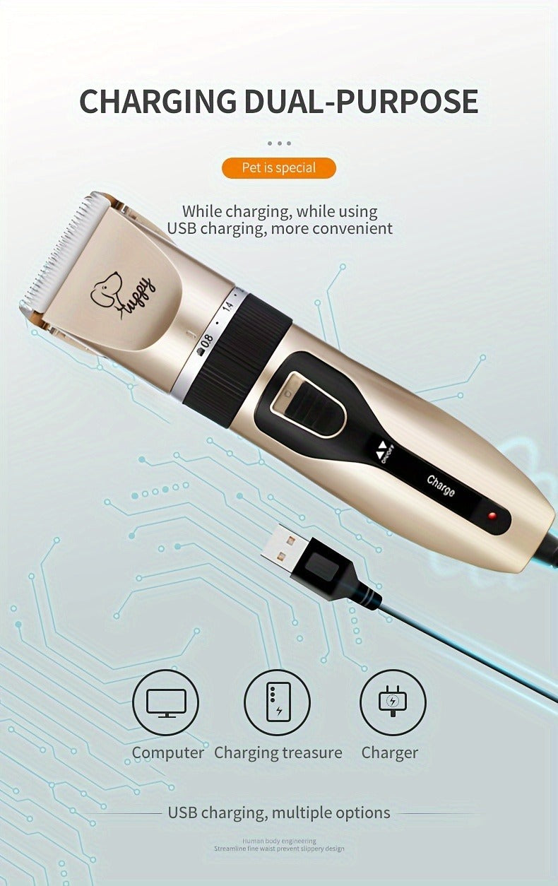 Pet Hair Clipper Kit, Furry 12-in-1 USB-Rechargeable Trimmer with Adjustable Blade and Five Guide Combs