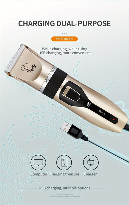 Pet Hair Clipper Kit, Furry 12-in-1 USB-Rechargeable Trimmer with Adjustable Blade and Five Guide Combs