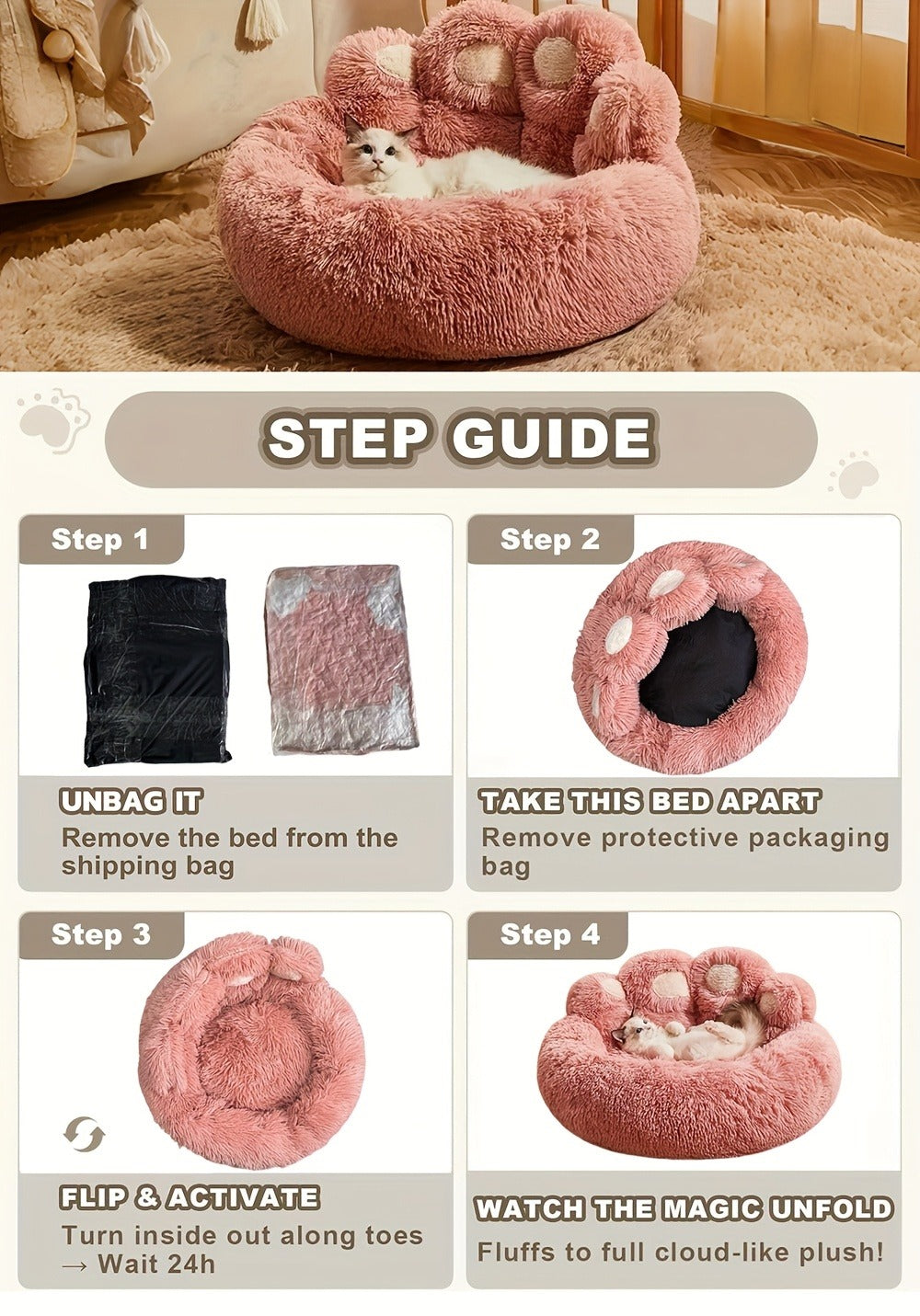 Dog Bed Cat Bed Bear Paw Round Plush Non-Slip – Soft Warm Cuddler Pet Mattress for Puppy, Small, Medium & Large Dogs and Cats, Sizes 20–36 Inch, Colors: Coffee, Pink, Gray
