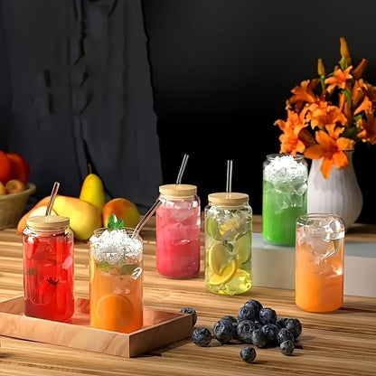 Drinking Glasses Set with Lid and Straw 550ml Oval Glass Cups 4 or 6 Piece – Iced Coffee Smoothie Bubble Tea Juice Tumbler Set for Home Entertaining Gifting
