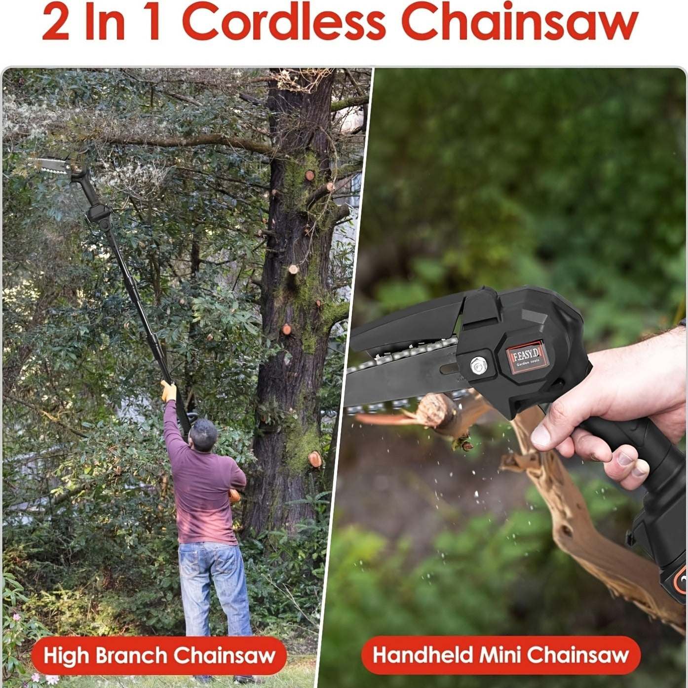 Cordless 4- and 6-Inch Pole Saw with Three Extension Sections, 90° Head, Two Batteries and Two Colors