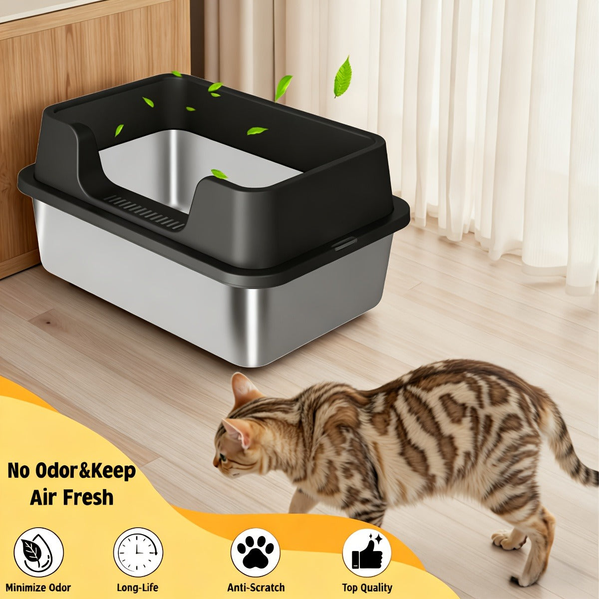 Stainless Steel Cat Litter Box with Scoop - High-Wall Semi-Enclosed Design, Non-Stick Easy Clean Surface, Anti-Leakage Odor Control, 2 Sizes for Kittens & Multiple Cats, Modern Metal Pet Toilet
