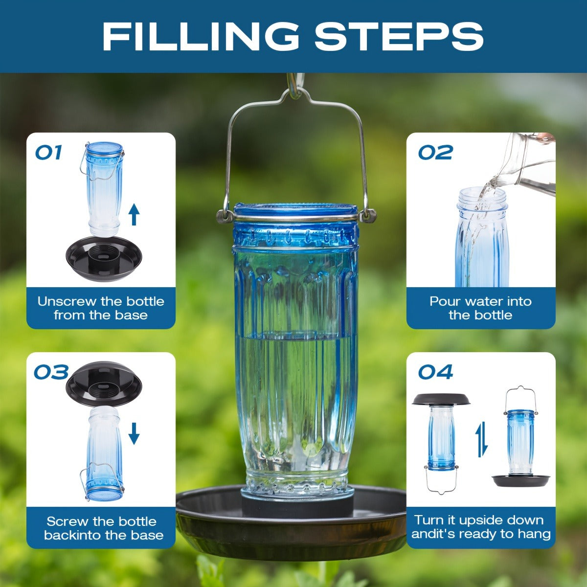 Bird Waterer Outdoor Hanging Glass Wild Bird Water Dispenser with Metal Handle - Gravity Fed Garden Yard Patio Tree Bird Feeder for Cardinals Blue Jays Finches Sparrows Bird Lover Gift