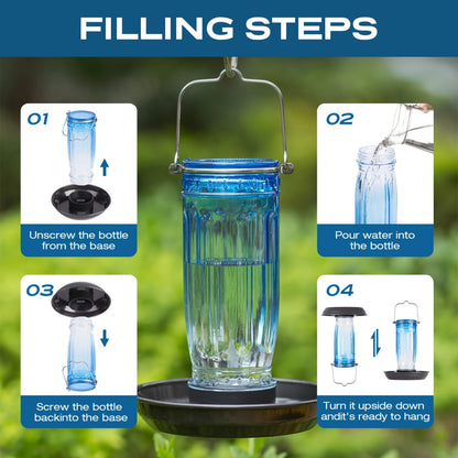 Bird Waterer Outdoor Hanging Glass Wild Bird Water Dispenser with Metal Handle - Gravity Fed Garden Yard Patio Tree Bird Feeder for Cardinals Blue Jays Finches Sparrows Bird Lover Gift