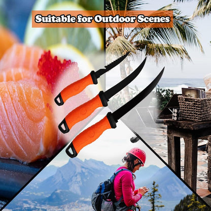 Three-Piece Stainless Steel Fishing Knife Set with 4.5 to 6.5 Inch Green-Handled Fillet Blades