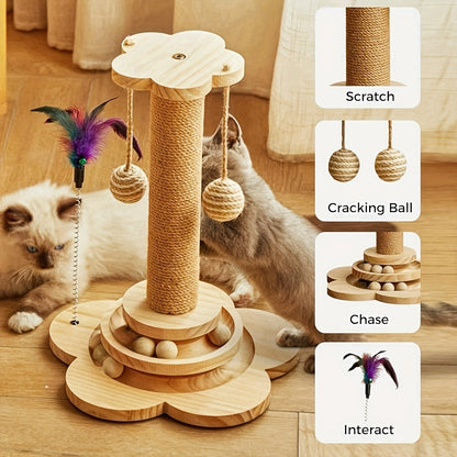 Cat Scratching Post Sisal Vertical Scratcher – Solid Wood Base, Wear-Resistant Rope, Multiple Styles: Standard, Mushroom & Dolphin Shapes, Sizes S/M/L, Cat Climbing Frame with Teaser Wand