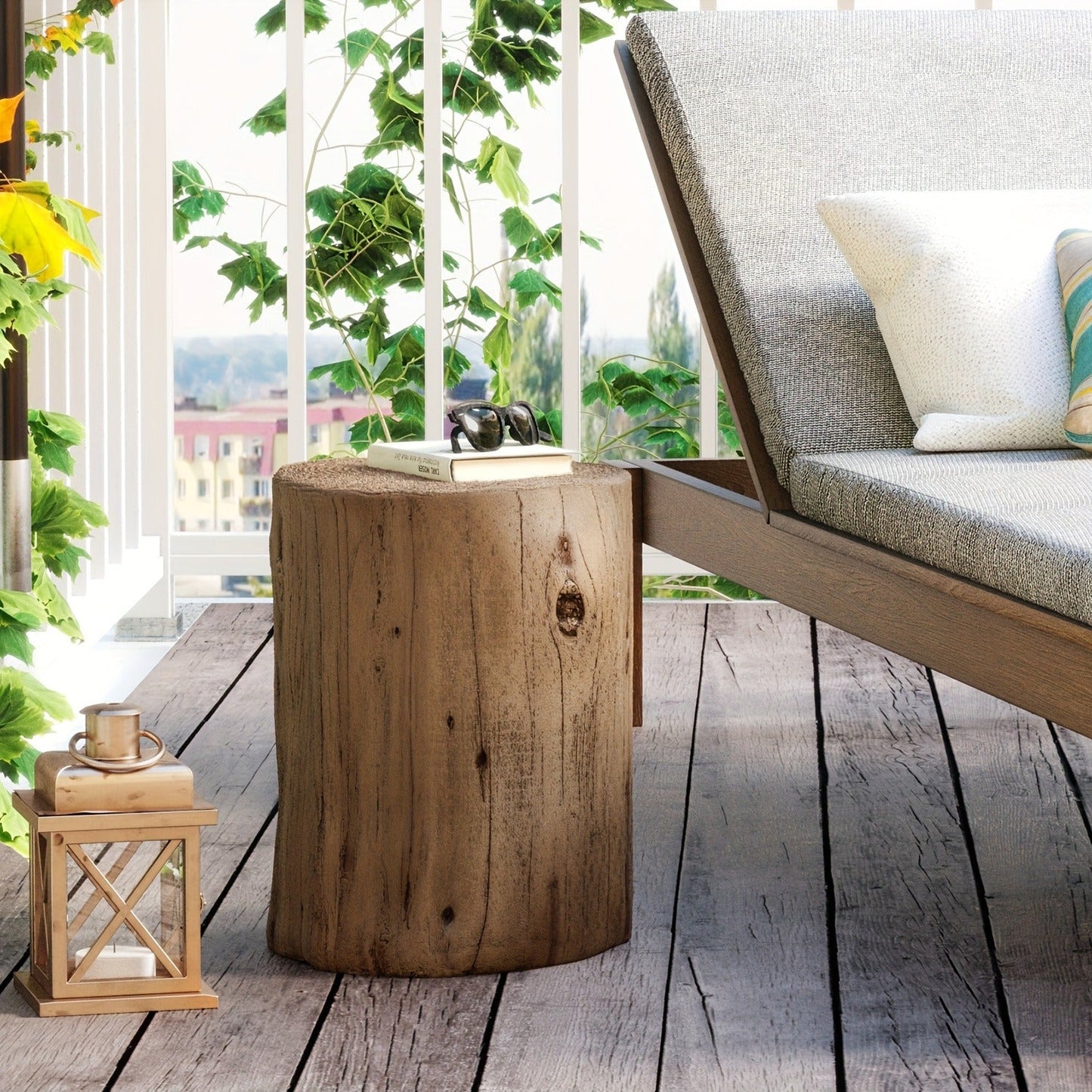 Outdoor Side Table Faux Wood Tree-Stump Design in Magnesia with 220-Pound Source Capacity and Brown Finish