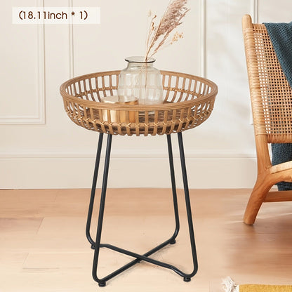 Rattan Side Table Nesting Tables Set of 2 Round Boho End Table Natural Bamboo Woven Coffee Table Metal Base for Living Room Bedroom Sofa Terrace