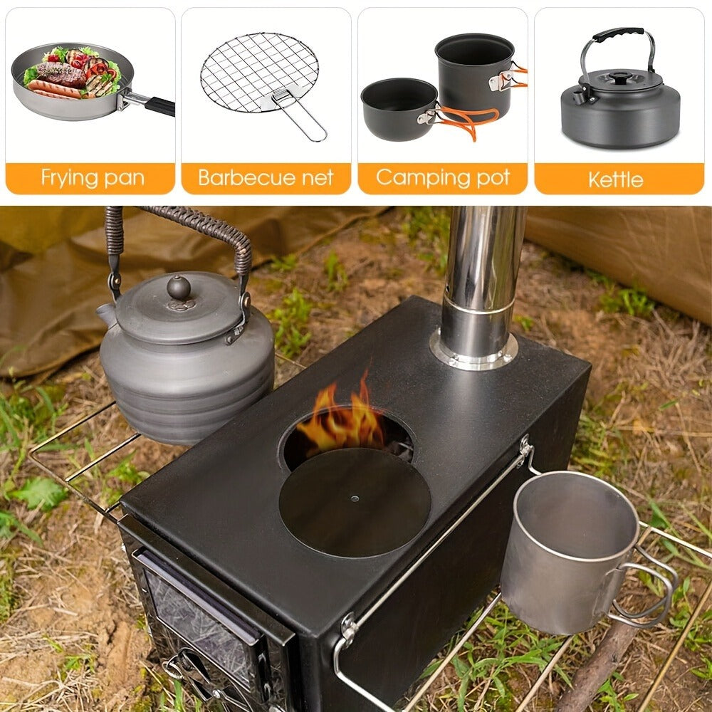 Wood Burning Camp Stove with Chimney Pipe Portable Outdoor Camping Stove for Cooking, BBQ, Boiling Water & Heating, Stainless Steel Hot Tent Stove with Folding Rack, Ash Hook & Accessories Included