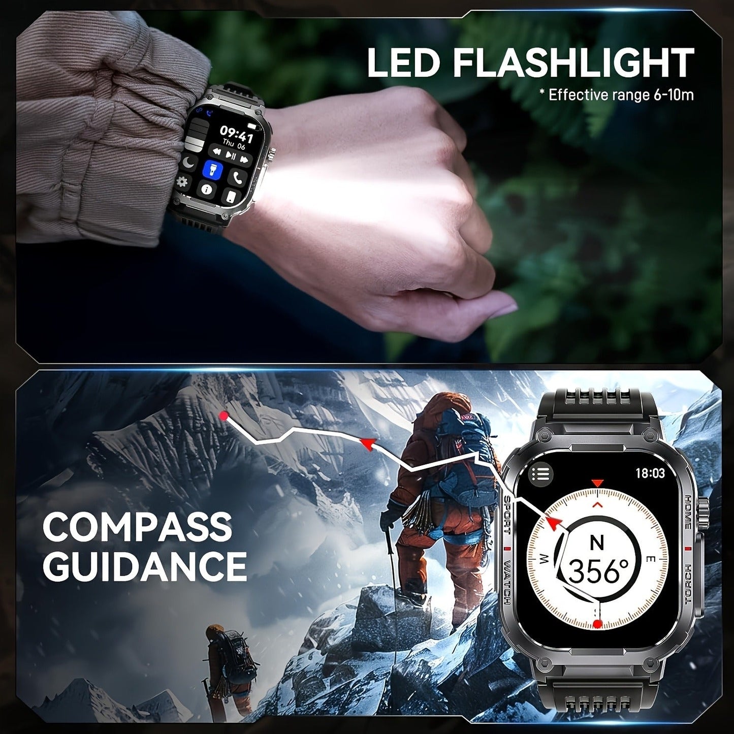 Smart Watch 2.02-Inch Rugged Display with Calling, LED Flashlight, 400mAh Battery and Black Band