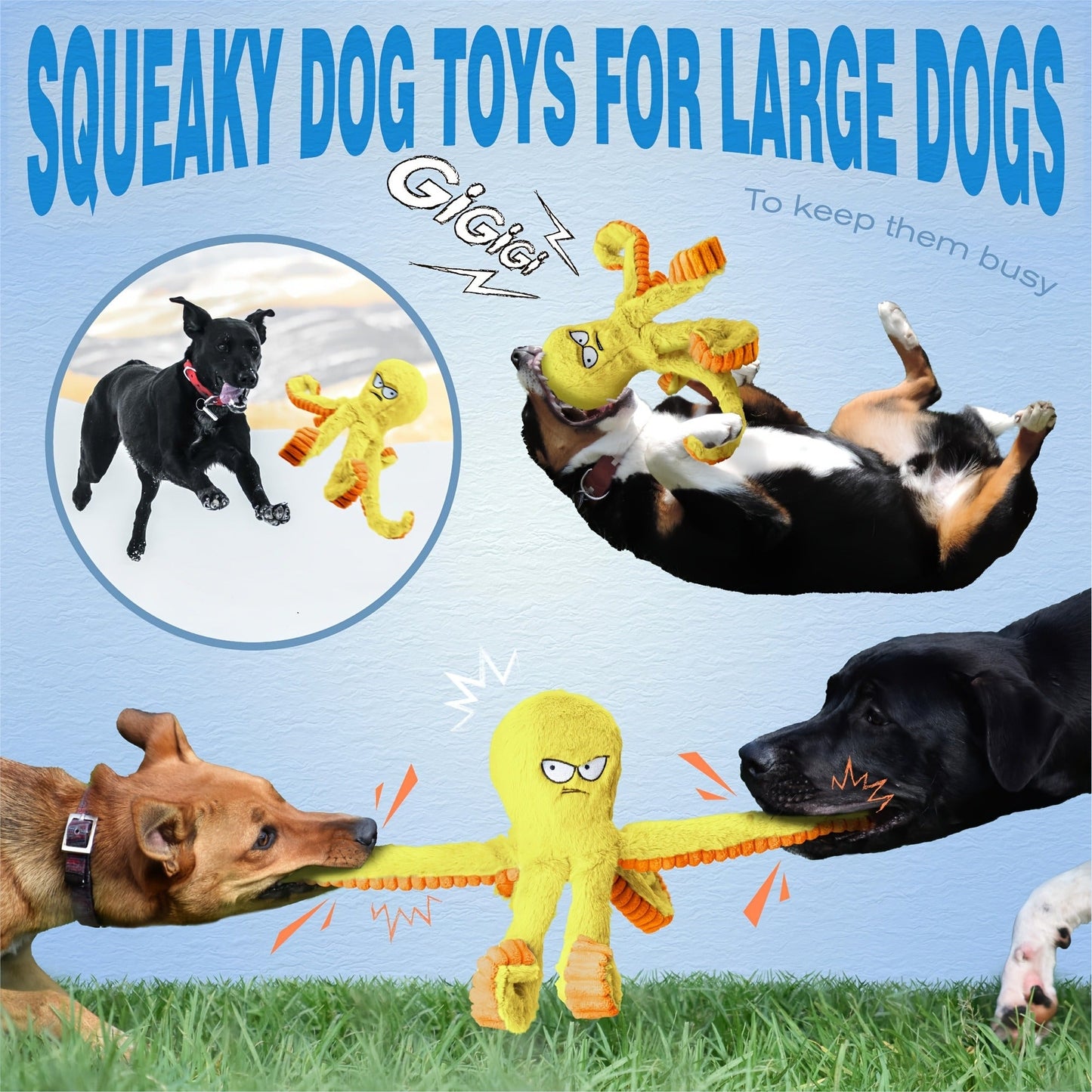 Dog Toy Octopus Plush with Built-In Squeaker and Crinkle Texture in Blue or Yellow with 1, 2 or 4-Pack Options