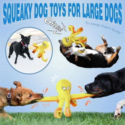 Dog Toy Octopus Plush with Built-In Squeaker and Crinkle Texture in Blue or Yellow with 1, 2 or 4-Pack Options
