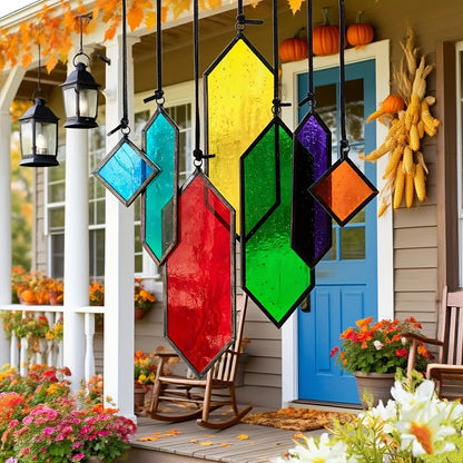 Hanging Geometric Color-Panel Suncatcher Ornament in Multicolor or Blue Checkout Options for Window and Garden Display