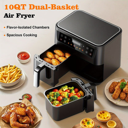 10Qt Dual-Basket Air Fryer with Two Viewing Windows, Sync Controls, Touch Panel and 50 Paper Liners