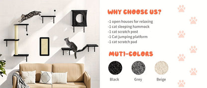 Five-Piece Wall-Mounted Cat Furniture Set with Open Perches, Suspended Bridge and Enclosed Cube