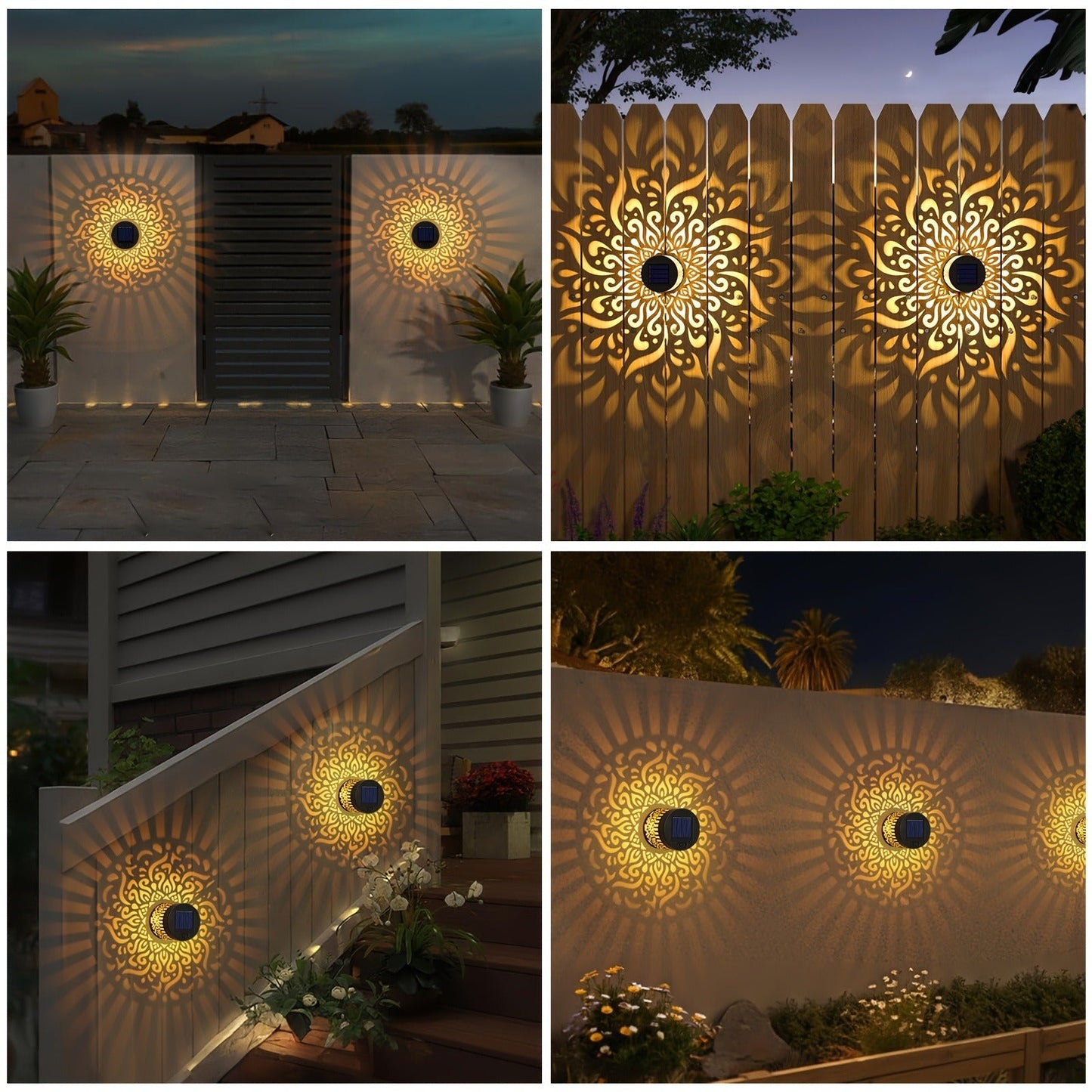 Solar Garden Lights IP65 Mandala Metal Wall Lanterns with Pattern Projection in 1/2/4 Packs for Fence Decor