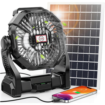 Camping Fan Rechargeable 20000mAh with Misting Solar Panel RGB Mood Light 4-Speed Tent Hook Phone Charging Portable Outdoor Fan