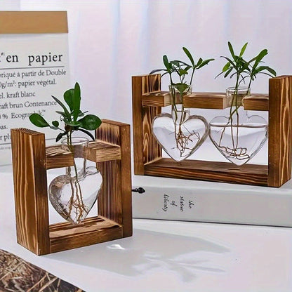 Heart-Bottle Propagation Vase with Wooden Frame in Single, Double or Triple Glass Vessel Options