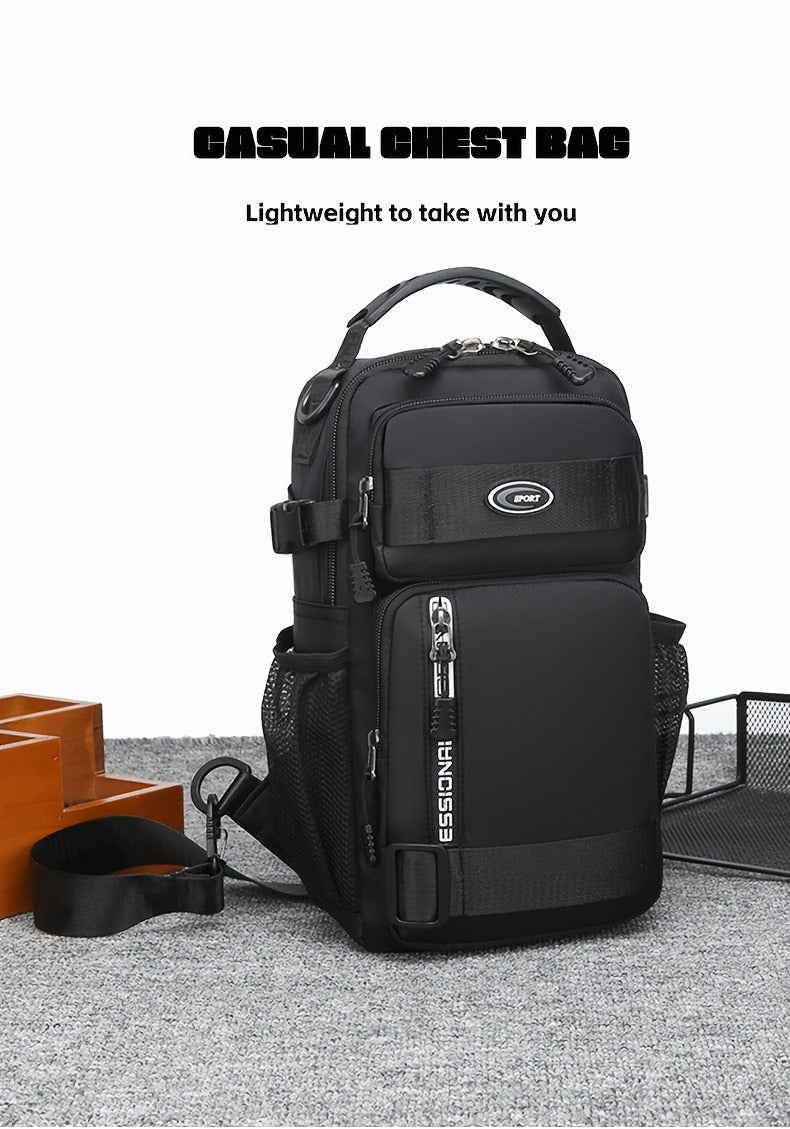 Multi-Pocket Crossbody Chest Pack with Adjustable Sling Strap, Zipper Compartments and Black or Grey Finish