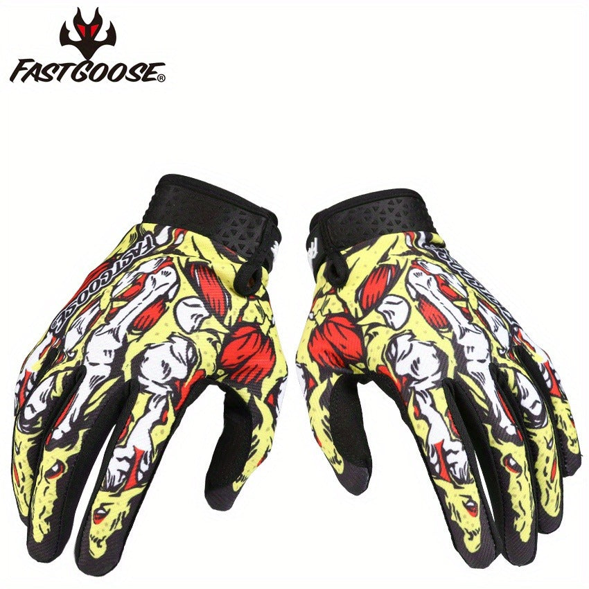 Printed Full-Finger Motocross Gloves with Black Palms, Wrist Closures, Blue or Yellow in M to XL