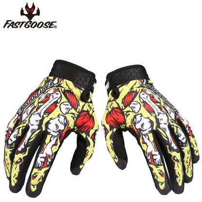 Printed Full-Finger Motocross Gloves with Black Palms, Wrist Closures, Blue or Yellow in M to XL