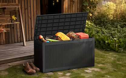 100-Gallon Rattan-Style Outdoor Deck Box with Lockable Lid, Lift Supports and Black Finish